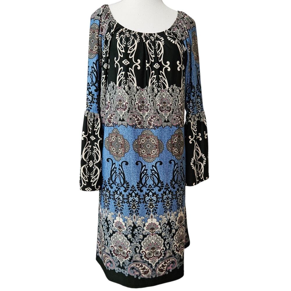 Lady's World Shift Dress Size XL Floral Paisley Print Long Sleeves Boho Stretchy